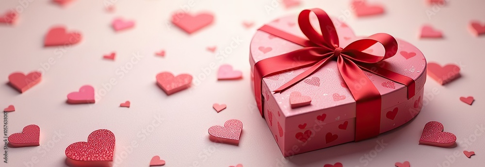Heart-shaped gift box with red ribbon surrounded by pink and red hearts for valentine’s day Heart-shaped gift box with red ribbon surrounded by pink and red hearts for valentine’s day