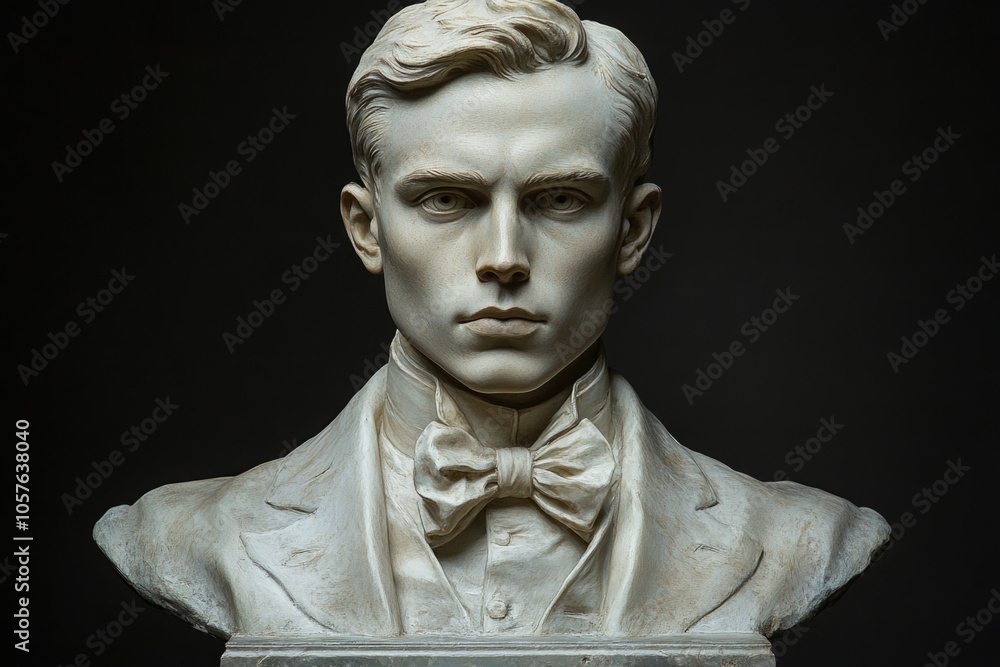 Classic marble bust of young man in formal attire against dark background Classic marble bust of young man in formal attire against dark background