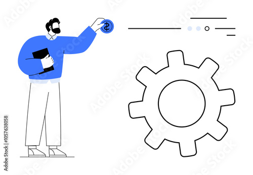 Bearded man holding clipboard and coin, positioned next to large gear. Floating lines and dots above gear. Ideal for finance, productivity, business strategy, investment, economic development