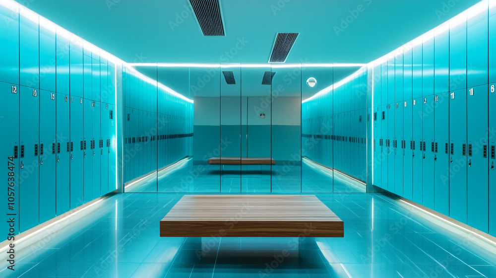 Blue Lockers Hallway with Wood Bench and Mirror Reflections Blue Lockers Hallway with Wood Bench and Mirror Reflections