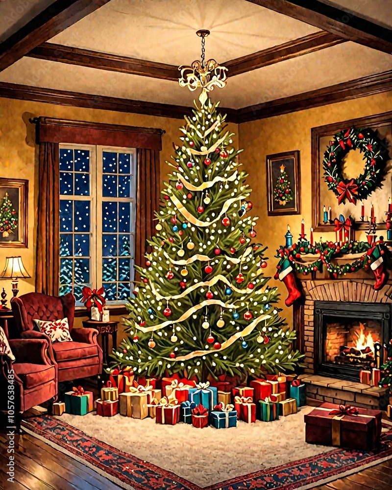 Fototapeta premium Fireplace and Decorated Christmas Tree