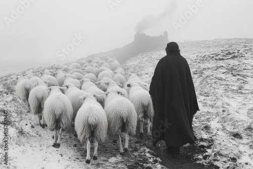 Shepherd leading sheep through snow toward mystical castle in winter landscape photo