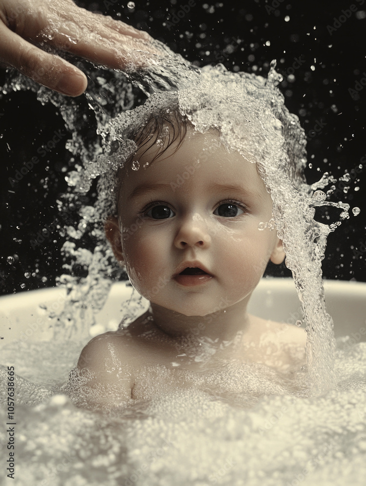 Adorable baby enjoying playful bath time with bubbles and gentle splashing Adorable baby enjoying playful bath time with bubbles and gentle splashing