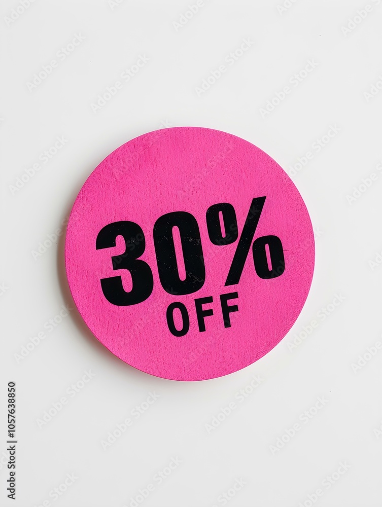 Black '30% OFF' Text on a Hot Pink Round Paper Note. White Background Black '30% OFF' Text on a Hot Pink Round Paper Note. White Background