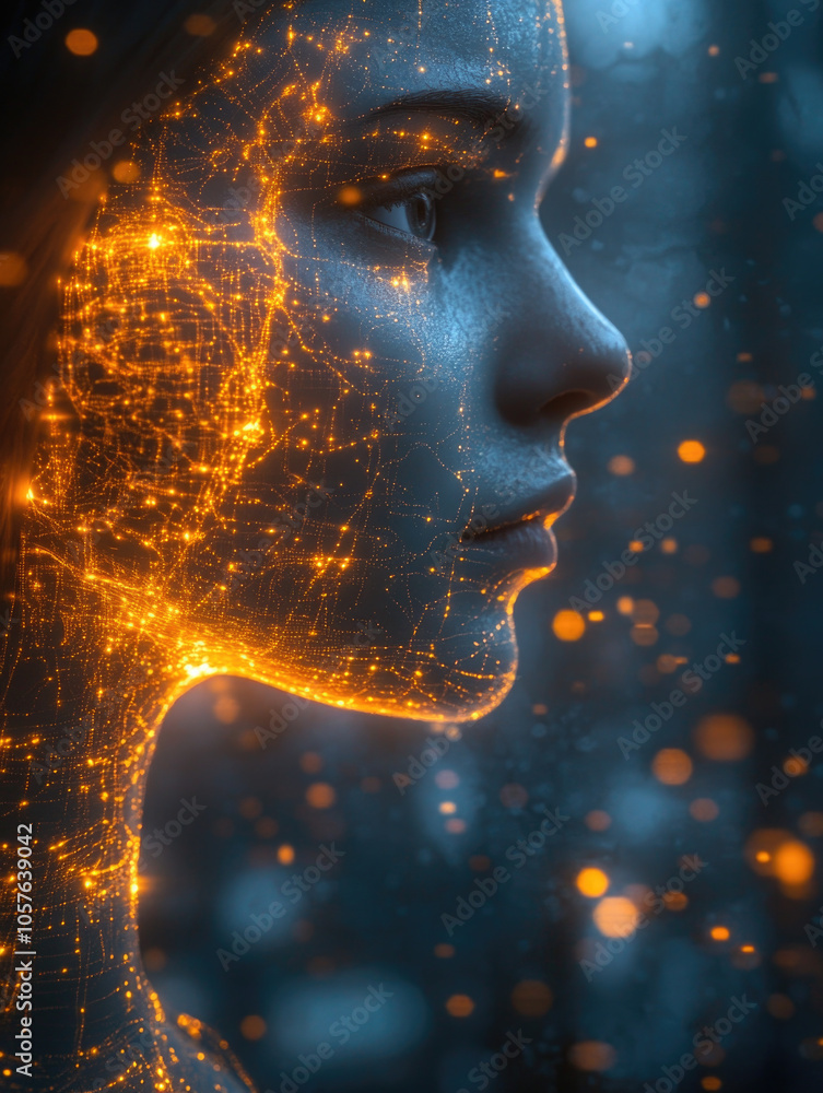Futuristic digital portrait of a woman with glowing network patterns on her face Futuristic digital portrait of a woman with glowing network patterns on her face