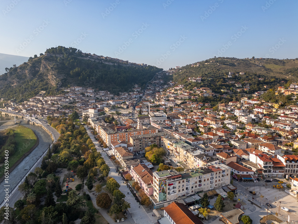 Naklejka premium Aerial drone photo of the old city named Berat in Albania.