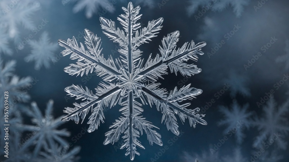 Close-up of intricate snowflake on frosty background Close-up of intricate snowflake on frosty background