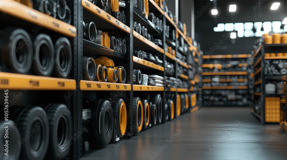 Rows of industrial shelves filled with various mechanical parts and components, organized and labeled in a well-lit storage room. Rows of industrial shelves filled with various mechanical parts and components, organized and labeled in a well-lit storage room.