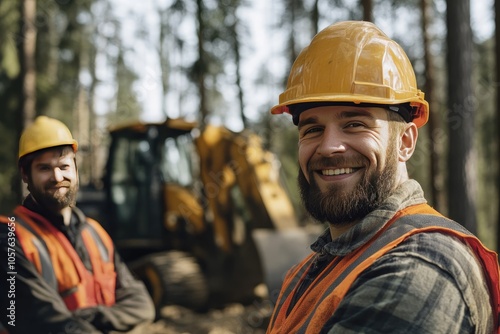 Smiling Construction Worker in a Forest with an Excavator in the Background