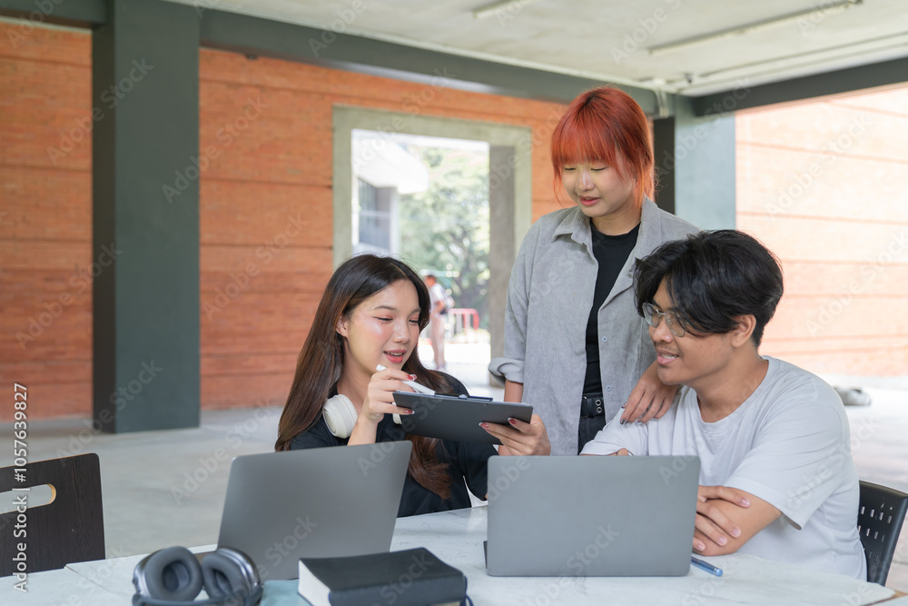 Three university students are actively engaged in a collaborative project, utilizing laptops and a clipboard to discuss and develop their ideas in a modern university environment Three university students are actively engaged in a collaborative project, utilizing laptops and a clipboard to discuss and develop their ideas in a modern university environment