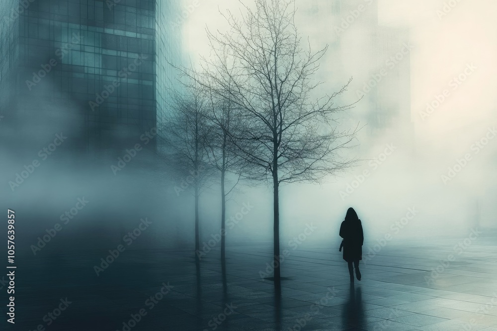 A Solitary Figure Walking Through Foggy City Streets A Solitary Figure Walking Through Foggy City Streets