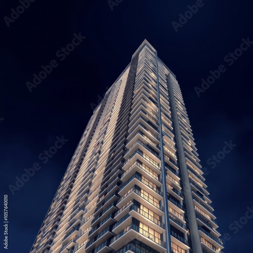 Facade view of moden building at night - skyscraper - illustration Condominium   photo