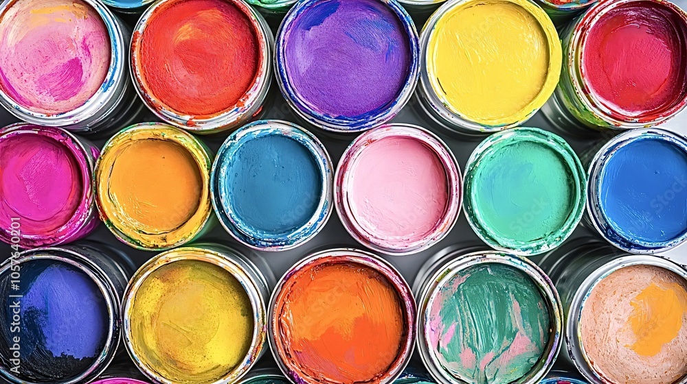 Open paint cans displaying a wide array of vibrant colors, creating a captivating mosaic that sparks creativity and inspires artistic endeavors Open paint cans displaying a wide array of vibrant colors, creating a captivating mosaic that sparks creativity and inspires artistic endeavors