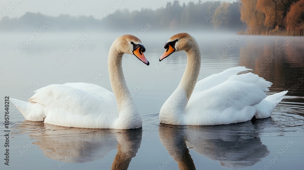 Elegant Swans on a Misty Lake at Dawn Elegant Swans on a Misty Lake at Dawn
