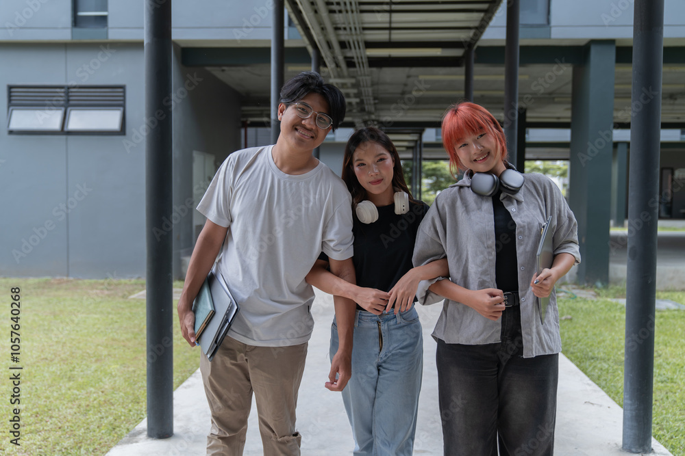 Three cheerful asian students are walking together along a campus corridor, carrying laptops and books, embodying the spirit of collaboration and academic pursuit Three cheerful asian students are walking together along a campus corridor, carrying laptops and books, embodying the spirit of collaboration and academic pursuit