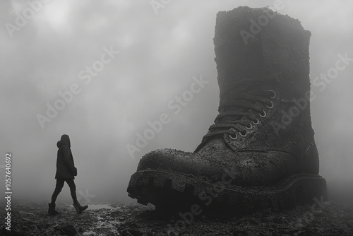 Surreal journey: lone traveler confronts enormous boot in misty landscape photo