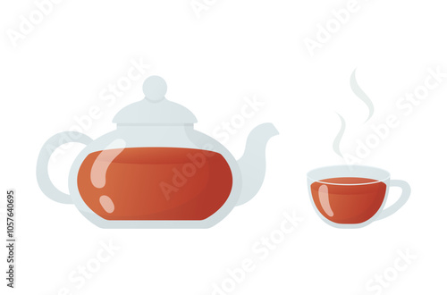 Glass teapot and cup of tea. Cartoon flat style illustration.
