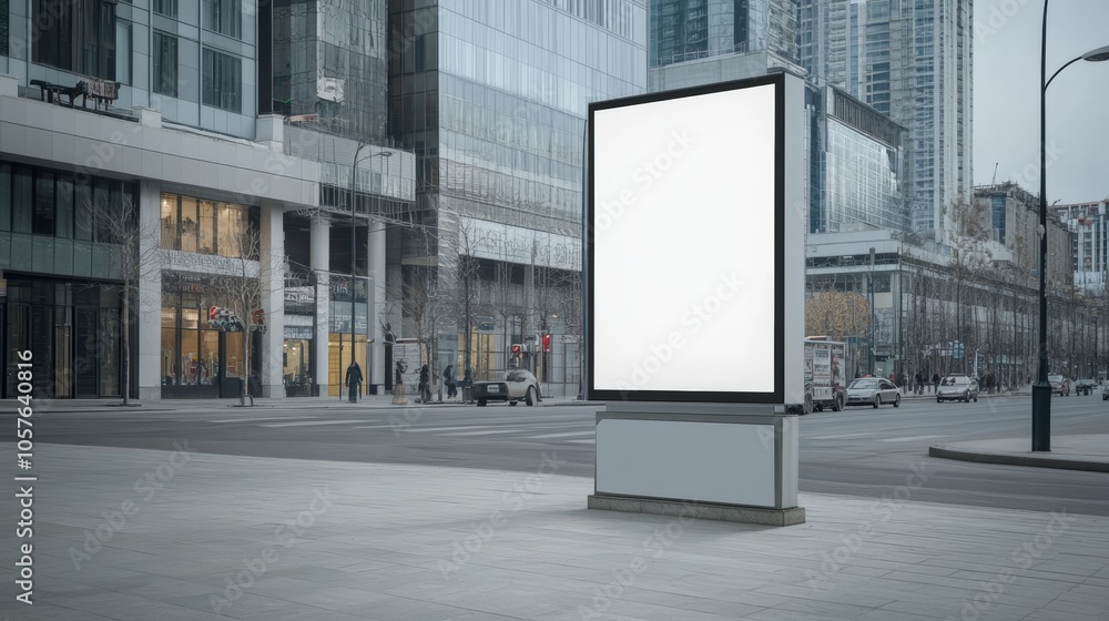 Large white billboard sits on a city street. Mockup Large white billboard sits on a city street. Mockup