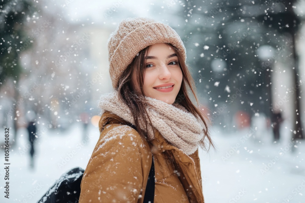 Woman smiling in winter with falling snow Woman smiling in winter with falling snow