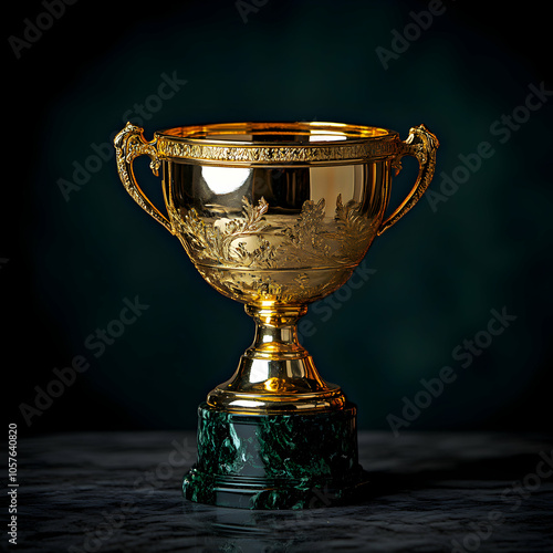 Bold Golden Trophy Illuminated Against a Deep Dark Background, Symbolizing Achievement and Success