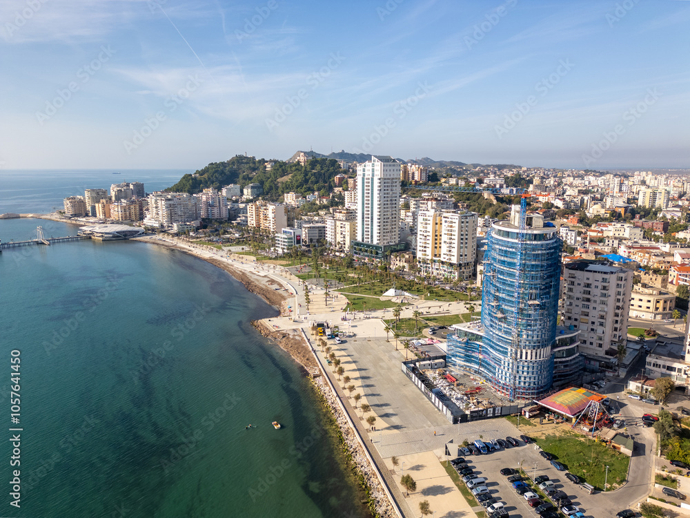 Obraz premium Aerial drone view of the coastal city named Durres in Albania.