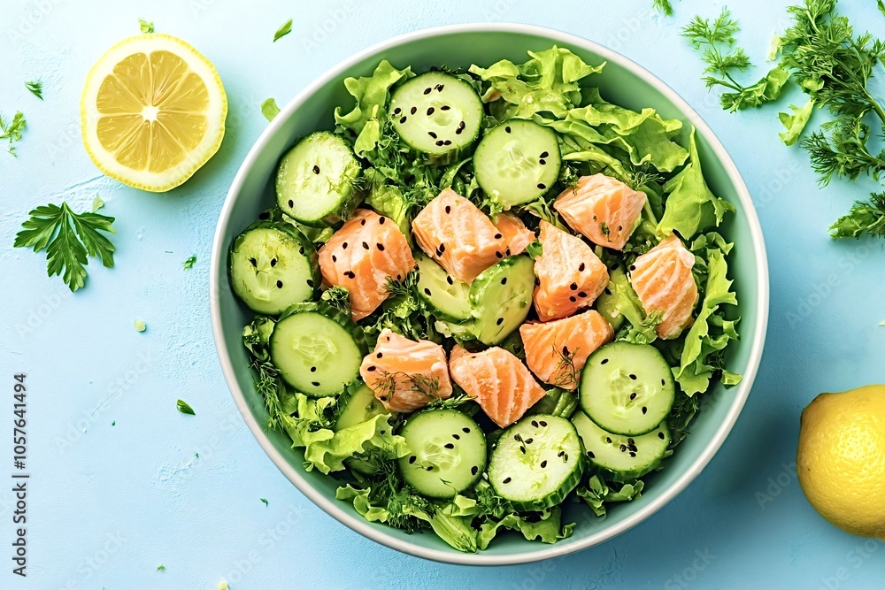 Fresh and healthy salmon salad with cucumber, lettuce, black sesame seeds, dill and lemon, making a delicious and nutritious meal Fresh and healthy salmon salad with cucumber, lettuce, black sesame seeds, dill and lemon, making a delicious and nutritious meal