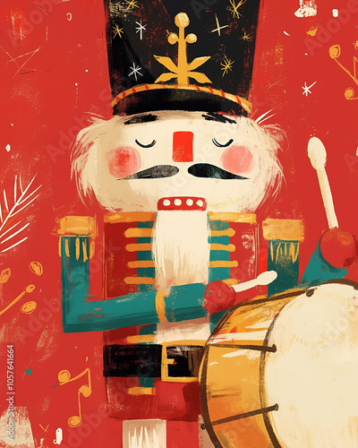 A man dressed as a nutcracker is playing a drum. The painting is of a festive scene, likely for Christmas