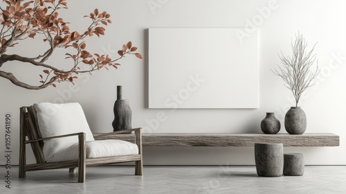 White room with a white wall and a large white picture frame. Mockup.