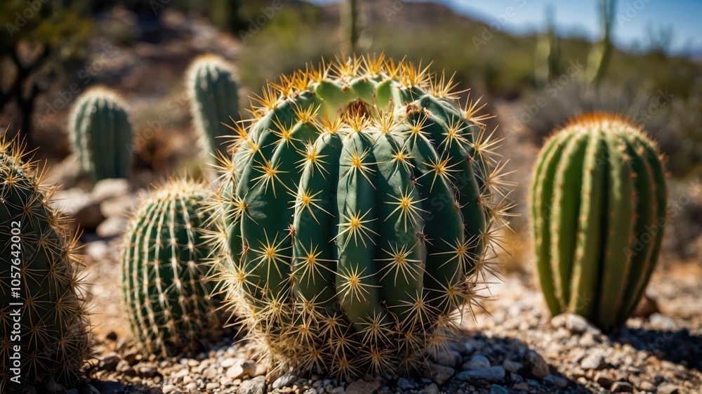 Vibrant cacti thrive in the arid landscape, showcasing their unique shapes and resilience under the midday sun. Generative AI Vibrant cacti thrive in the arid landscape, showcasing their unique shapes and resilience under the midday sun. Generative AI
