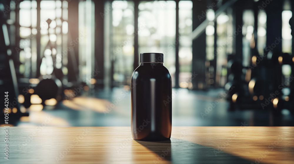 Black Bottle Mockup on Wooden Table in Gym Setting Black Bottle Mockup on Wooden Table in Gym Setting