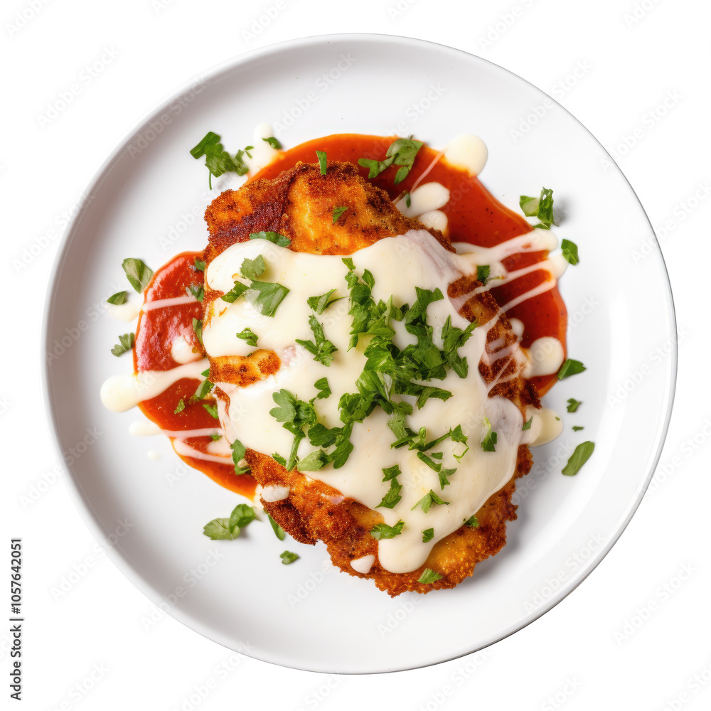 lose-up of a breaded chicken cutlet topped with marinara sauce on transparent background lose-up of a breaded chicken cutlet topped with marinara sauce on transparent background