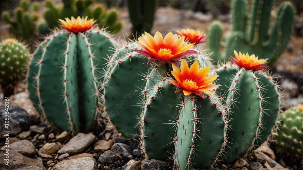 Vibrant cacti bloom in arid landscape under golden sunlight in a serene desert setting during springtime growth. Generative AI Vibrant cacti bloom in arid landscape under golden sunlight in a serene desert setting during springtime growth. Generative AI