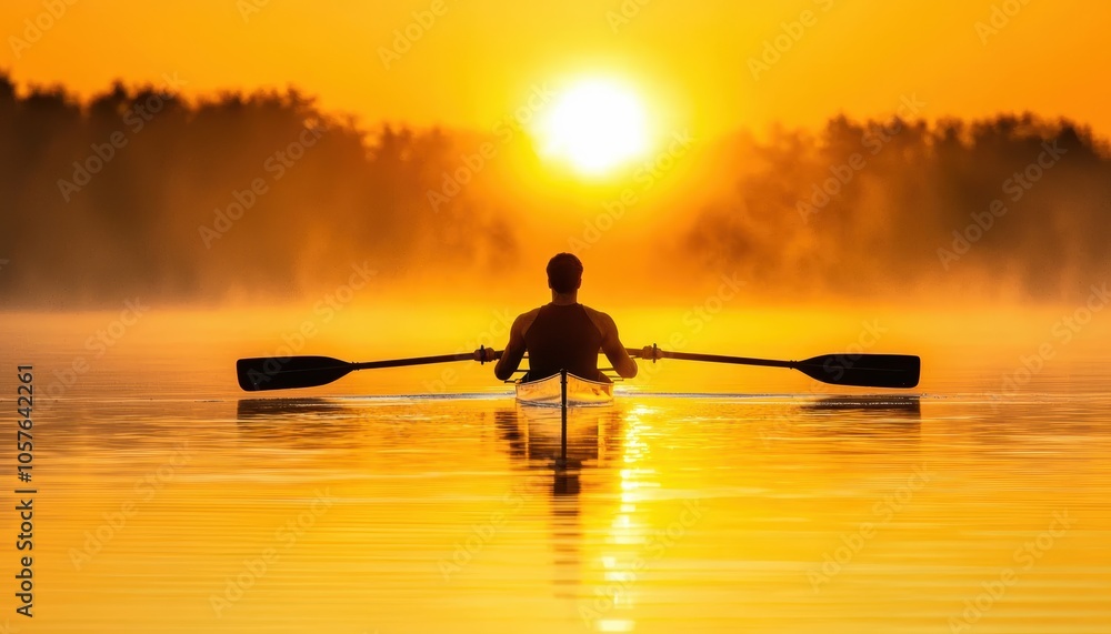 Person rowing in a lake during sunrise, fog on the water creating a calm, early morning atmosphere Person rowing in a lake during sunrise, fog on the water creating a calm, early morning atmosphere