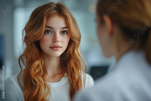 Young woman in a mental therapy session talking with a psychologist in the office, Generative AI