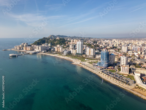 Aerial drone view of the coastal city named Durres in Albania.