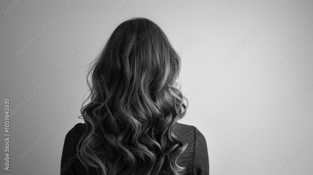 Fototapeta premium Elegant Woman with Long Wavy Hair Facing Away Against Minimalist Gray Background