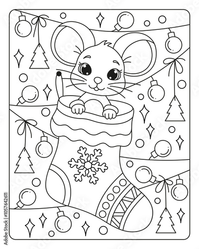 Cute mouse is sitting in a Christmas sock. Black and white vector illustration. Coloring book for children.