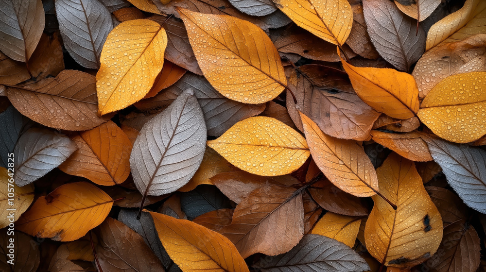 Close-up of a pile of colorful autumn leaves covered with dewdrops, showcasing vibrant shades of orange, yellow, and brown. Close-up of a pile of colorful autumn leaves covered with dewdrops, showcasing vibrant shades of orange, yellow, and brown.
