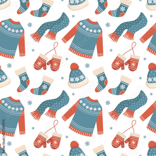 Seamless pattern with knitted winter clothes, Christmas mittens, hats, sweaters and socks. Holiday background for packaging