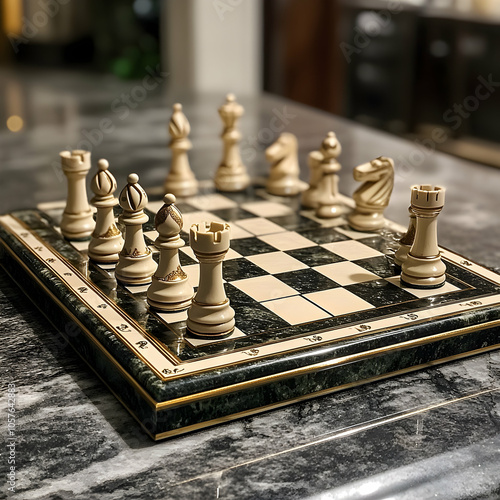 Mid-Game Chessboard with Strategically Placed Pieces on a Polished Surface