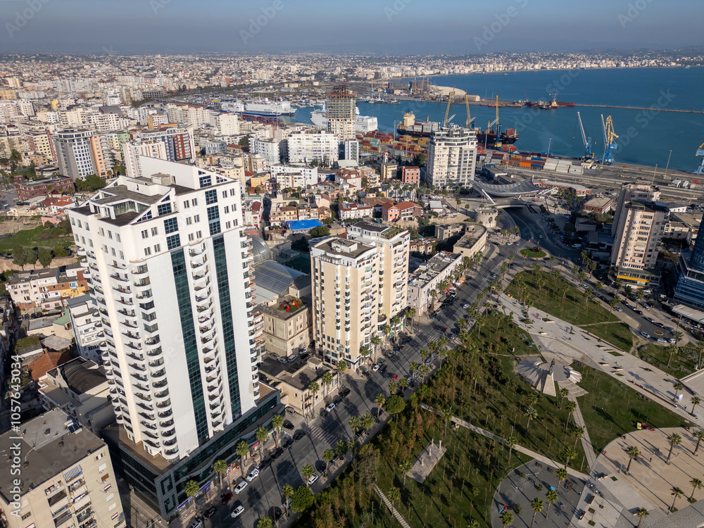 Naklejka premium Aerial drone view of the coastal city named Durres in Albania.