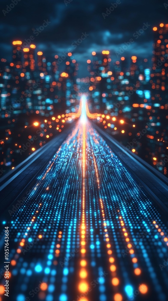 glowing digital road leading toward a distant city with blurred lights glowing digital road leading toward a distant city with blurred lights