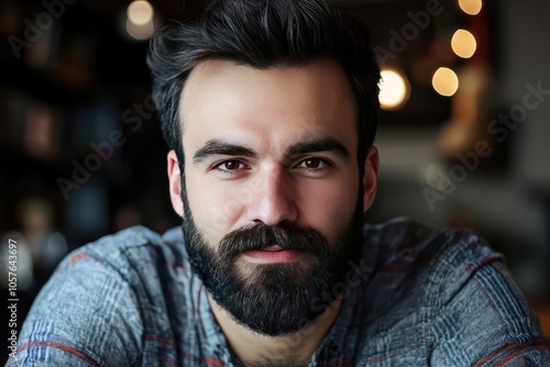 Close-up Portrait of a Man with a Beard and a Plaid Shirt