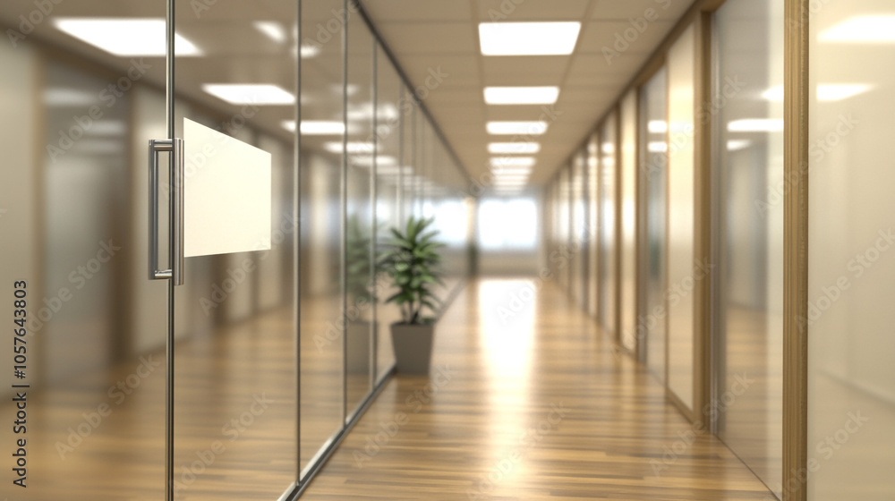 Naklejka premium Modern Office Corridor with Glass Walls and Blank Sign