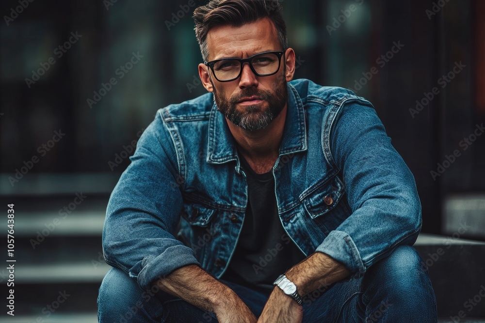 A Man in a Denim Jacket Sitting on Steps A Man in a Denim Jacket Sitting on Steps