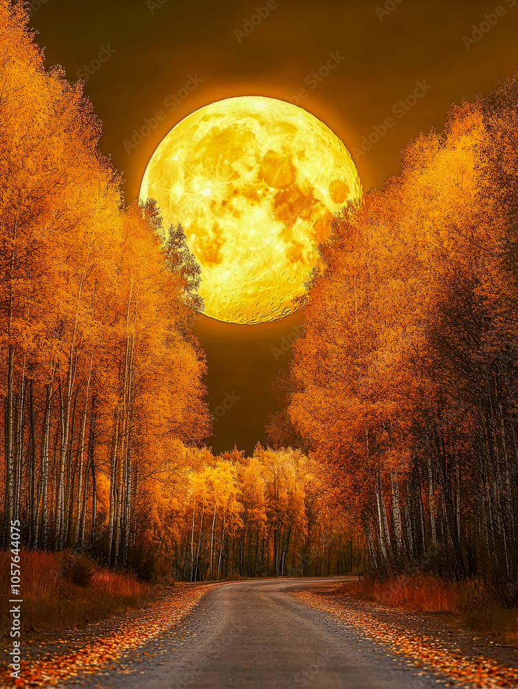 Fototapeta premium A vibrant full moon rises over a winding forest road lined with autumn trees in vivid orange and yellow hues