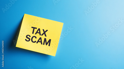 A yellow note "TAX SCAM" against a blue background. The text is centered and black. 