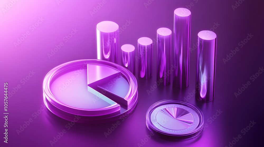 Cute isometric 3D image of 3D pie chart and bar chart in realistic metallic silver illuminated by neon purple. add floating, transparent charts and circular measurement tools. ensure perfect shapes a
Cute isometric 3D image of 3D pie chart and bar chart in realistic metallic silver illuminated by neon purple. add floating, transparent charts and circular measurement tools. ensure perfect shapes a