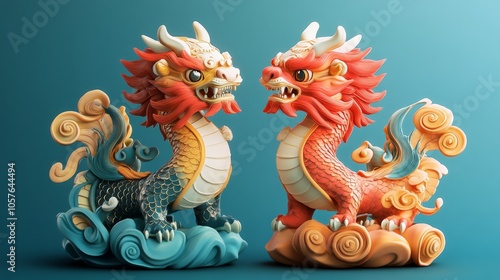 Wallpaper Mural Two intricately crafted dragon statues with vibrant colors, positioned on decorative bases Torontodigital.ca