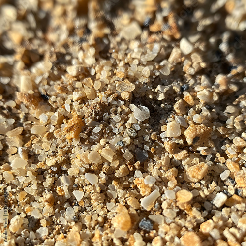 Close-Up of Fine Sand Grains Illuminated by Gentle Sunlight, Highlighting Textures and Natural Beauty